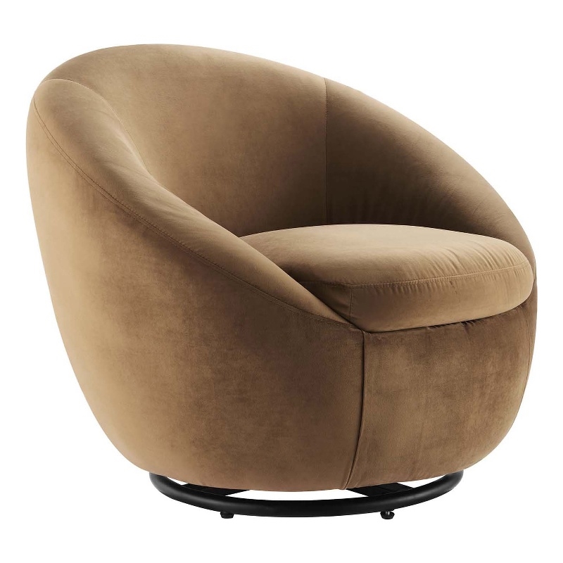 Maklaine Performance Velvet Swivel Chair in Black/Cognac Brown