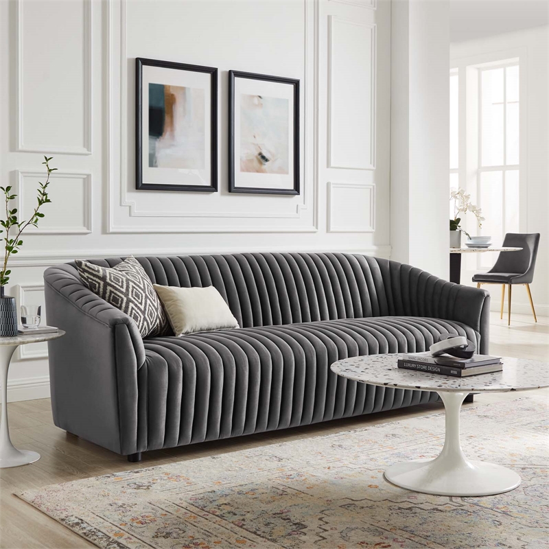 Maklaine Modern Performance Velvet Channel Tufted Sofa in Charcoal
