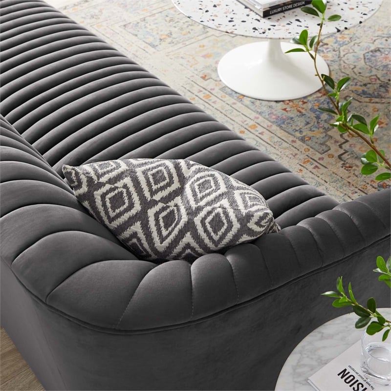 Maklaine Modern Performance Velvet Channel Tufted Sofa in Charcoal