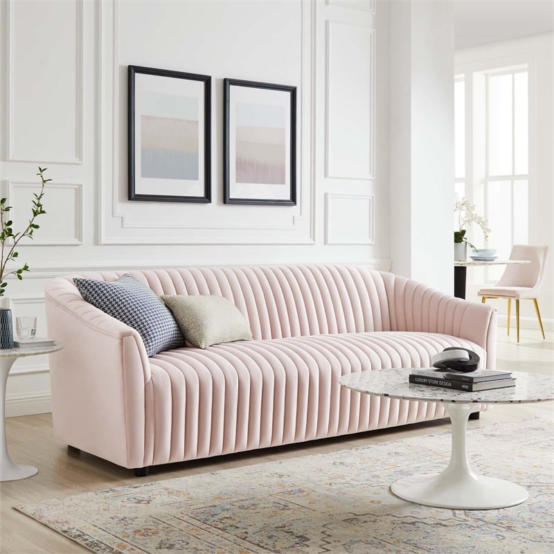 Maklaine Modern Performance Velvet Channel Tufted Sofa in Pink