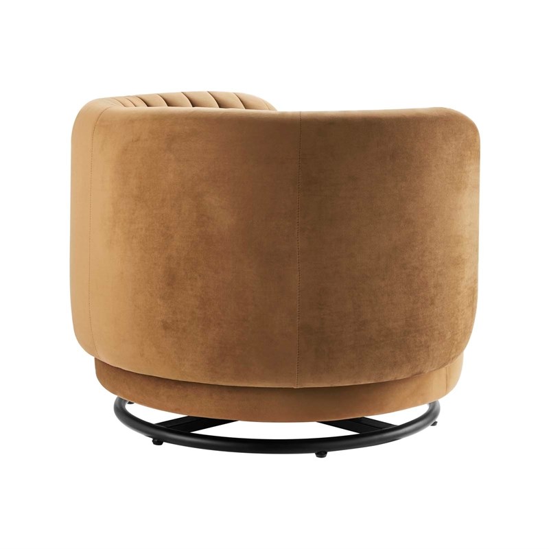 Maklaine Upholstered Velvet Fabric Swivel Chair in Black/Cognac Brown