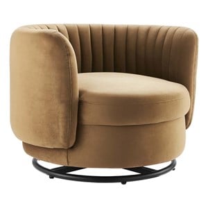 Maklaine Upholstered Velvet Fabric Swivel Chair in Black/Cognac Brown