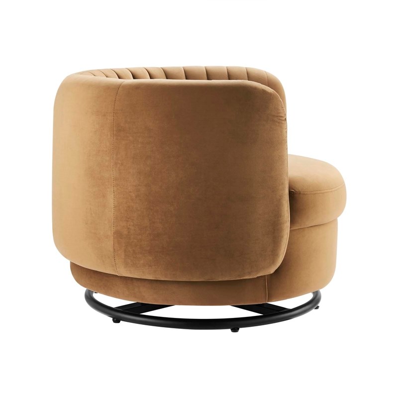 Maklaine Upholstered Velvet Fabric Swivel Chair in Black/Cognac Brown