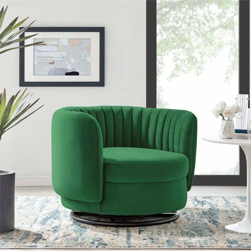 Maklaine Upholstered Velvet Fabric Swivel Chair in Black/Emerald Green