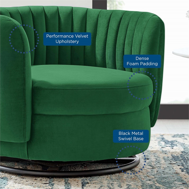 Maklaine Upholstered Velvet Fabric Swivel Chair in Black/Emerald Green