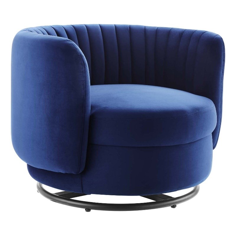 Maklaine Upholstered Velvet Fabric Swivel Chair in Black/Navy