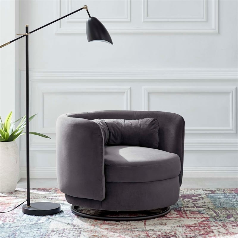 Maklaine Upholstered Performance Velvet Swivel Chair in Black/Gray