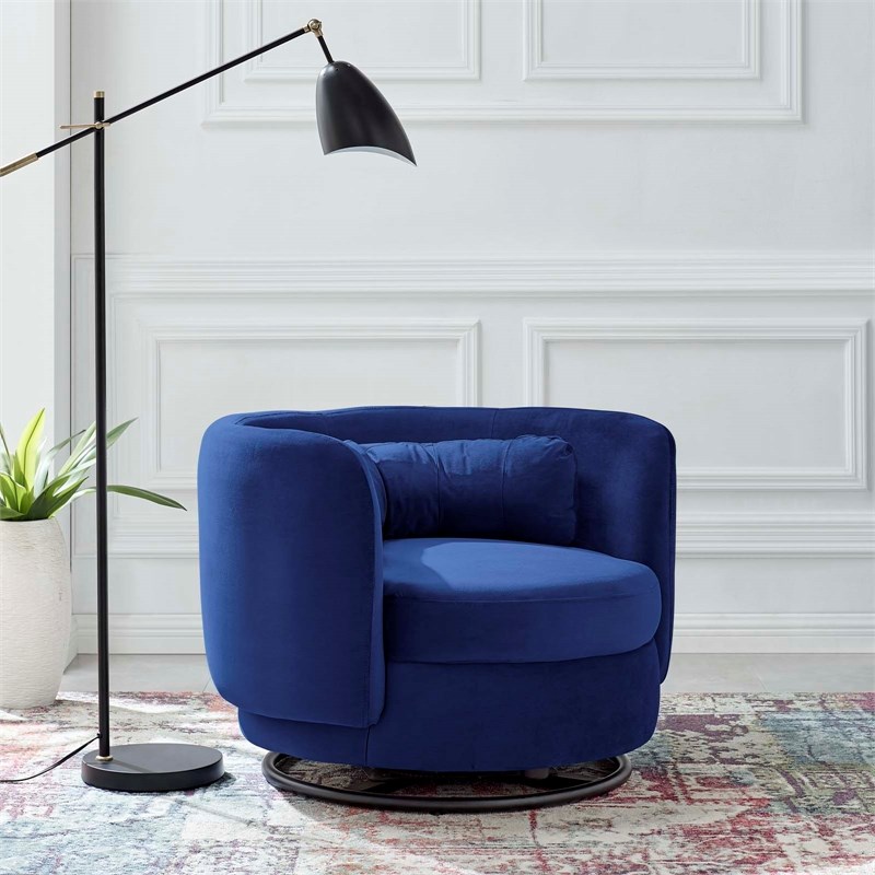 Maklaine Upholstered Performance Velvet Swivel Chair in Black/Navy