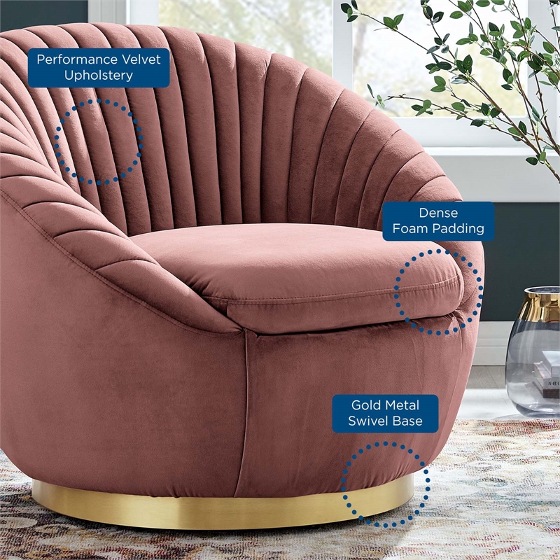 Maklaine Upholstered Velvet Fabric Swivel Chair in Gold/Dusty Rose Pink