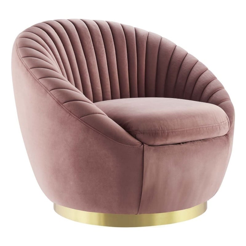 Maklaine Upholstered Velvet Fabric Swivel Chair in Gold/Dusty Rose Pink