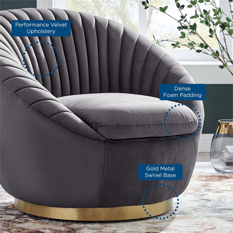 Maklaine Upholstered Performance Velvet Swivel Chair in Gold/Gray