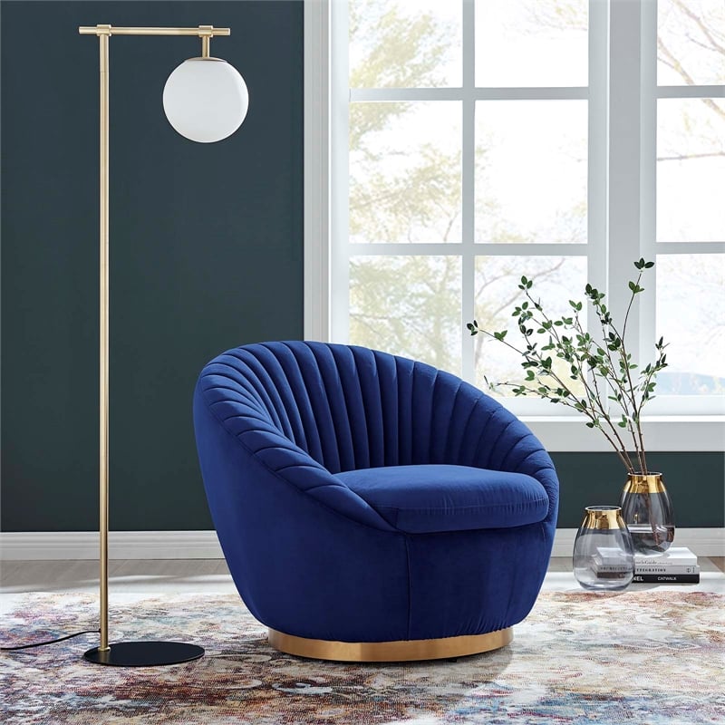 Maklaine Upholstered Performance Velvet Swivel Chair in Gold/Navy