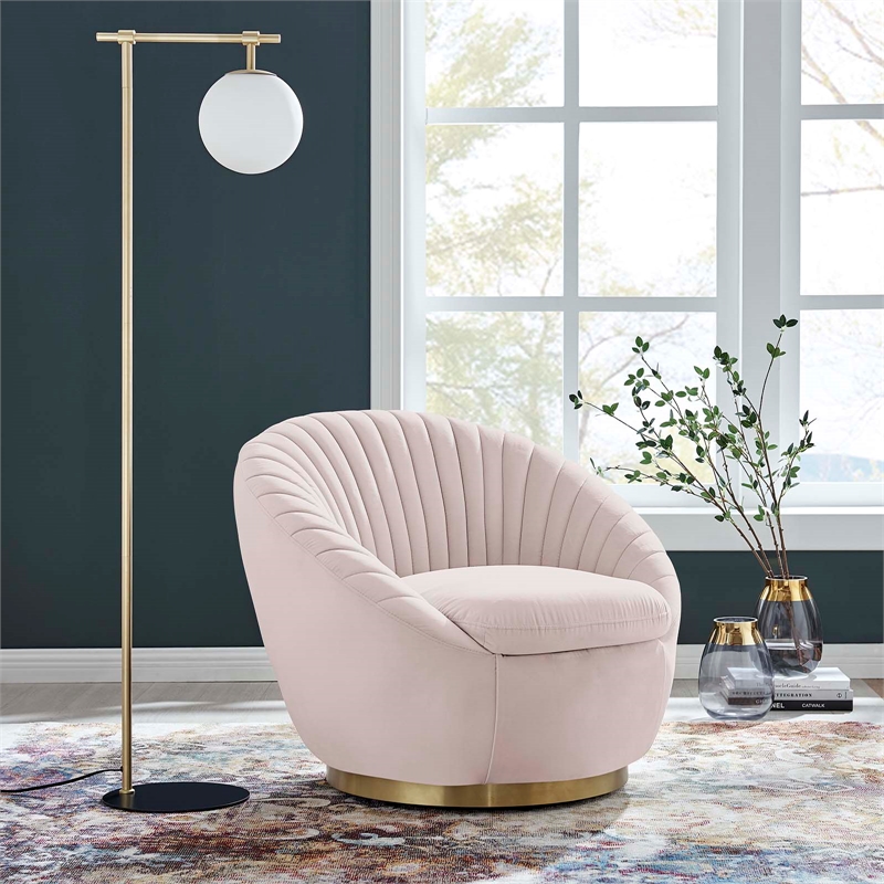 Maklaine Upholstered Performance Velvet Swivel Chair in Gold/Pink