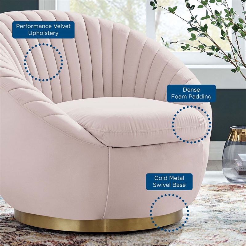 Maklaine Upholstered Performance Velvet Swivel Chair in Gold/Pink