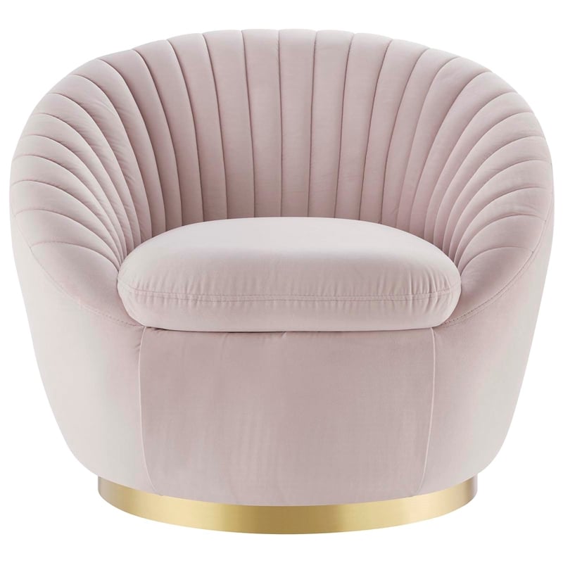 Maklaine Upholstered Performance Velvet Swivel Chair in Gold/Pink