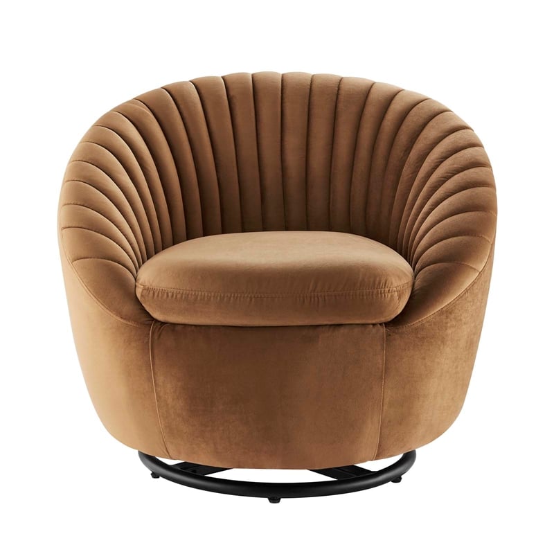 Maklaine Upholstered Velvet Fabric Swivel Chair in Black/Cognac Brown