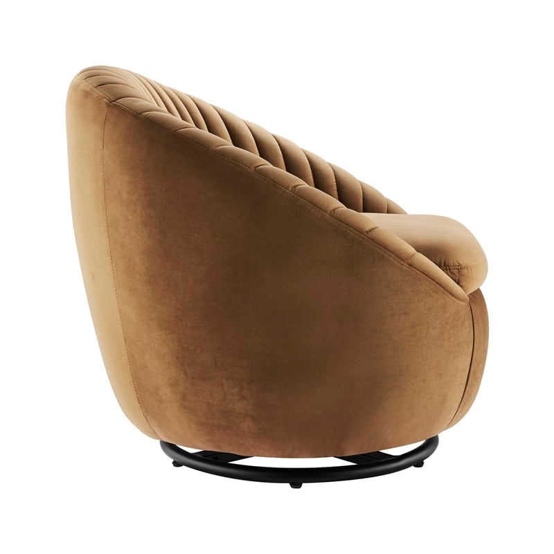 Maklaine Upholstered Velvet Fabric Swivel Chair in Black/Cognac Brown