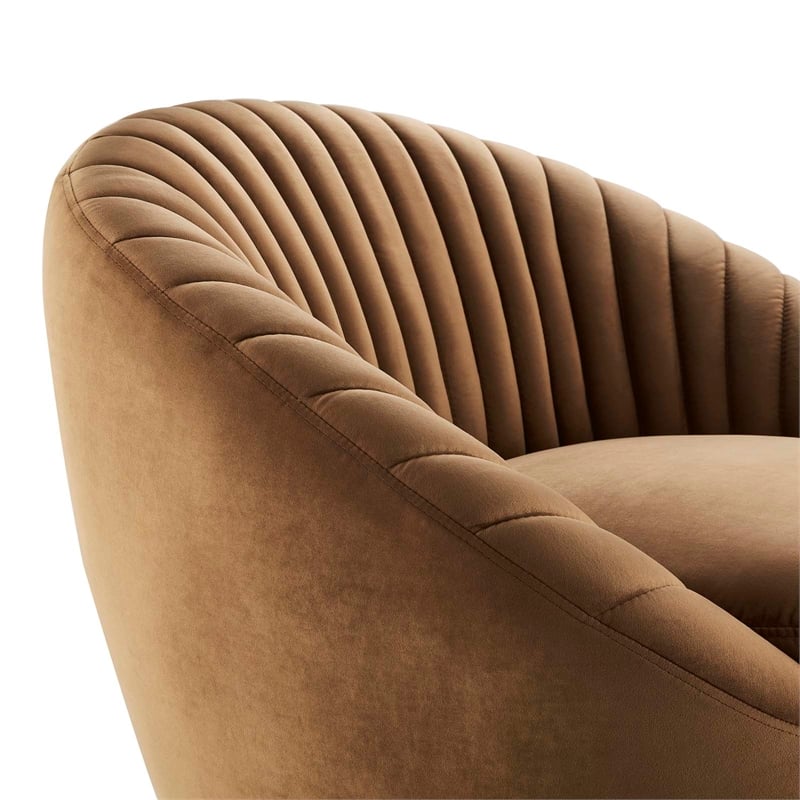 Maklaine Upholstered Velvet Fabric Swivel Chair in Black/Cognac Brown
