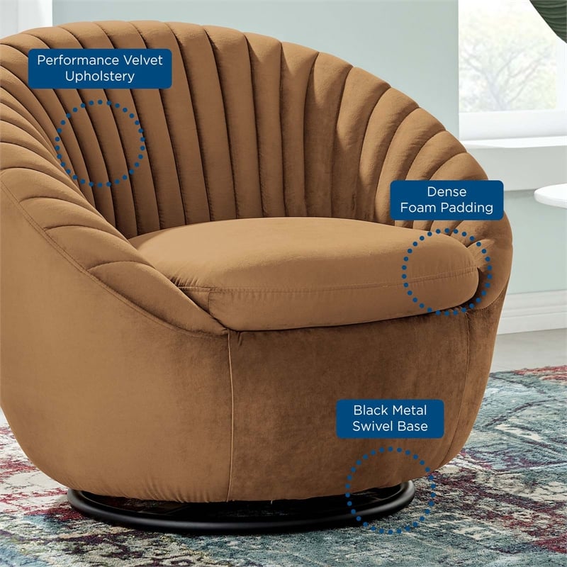 Maklaine Upholstered Velvet Fabric Swivel Chair in Black/Cognac Brown