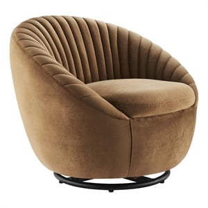 Maklaine Upholstered Velvet Fabric Swivel Chair in Black/Cognac Brown