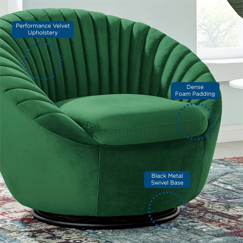Maklaine Upholstered Velvet Fabric Swivel Chair in Black/Emerald Green