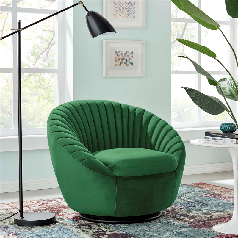 Maklaine Upholstered Velvet Fabric Swivel Chair in Black/Emerald Green