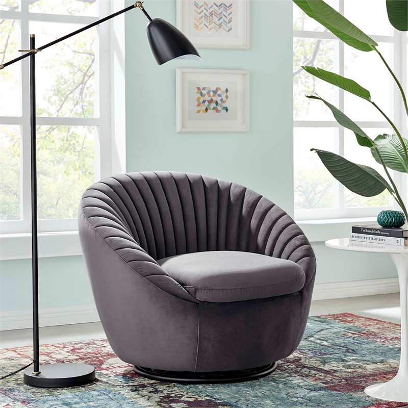 Maklaine Tufted Performance Velvet Swivel Chair in Black/Gray