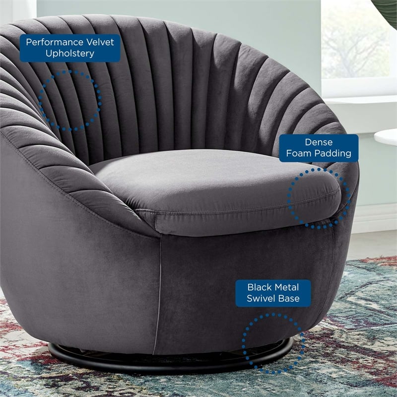 Maklaine Tufted Performance Velvet Swivel Chair in Black/Gray