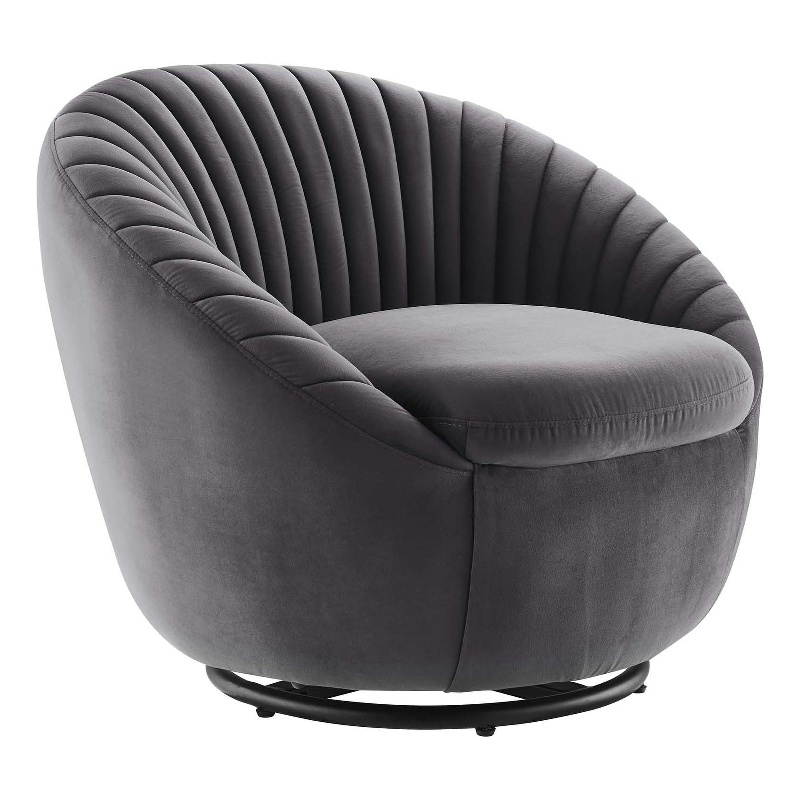Maklaine Tufted Performance Velvet Swivel Chair in Black/Gray