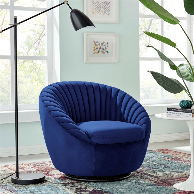 Maklaine Tufted Performance Velvet Swivel Chair in Black/Navy