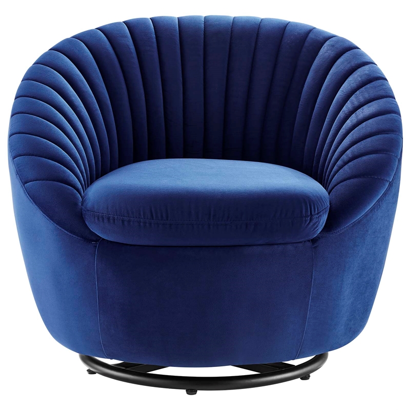 Maklaine Tufted Performance Velvet Swivel Chair in Black/Navy