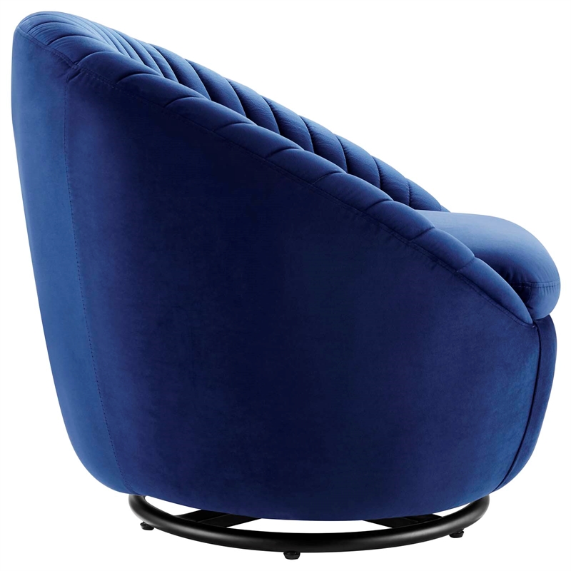 Maklaine Tufted Performance Velvet Swivel Chair in Black/Navy