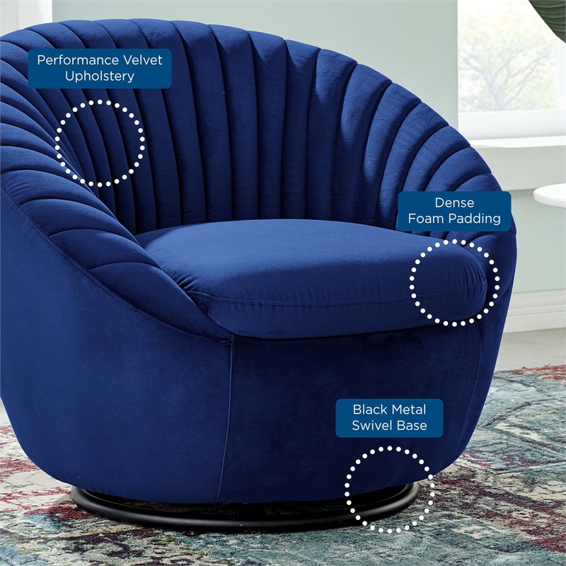 Maklaine Tufted Performance Velvet Swivel Chair in Black/Navy