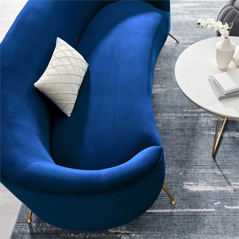 Maklaine Modern Performance Velvet Upholstered Sofa in Navy/Gold