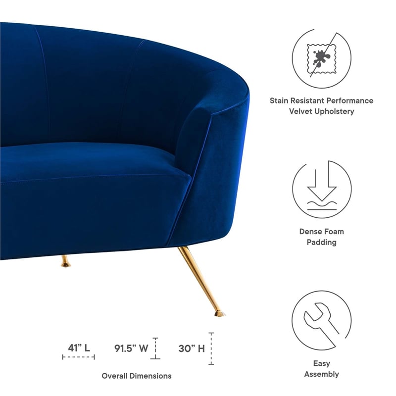 Maklaine Modern Performance Velvet Upholstered Sofa in Navy/Gold