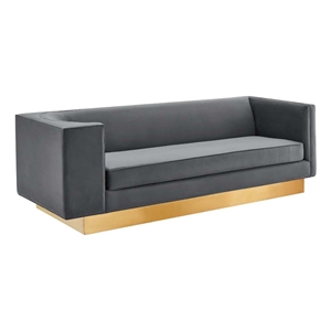 Maklaine Modern Performance Velvet Upholstered Sofa in Gray/Gold
