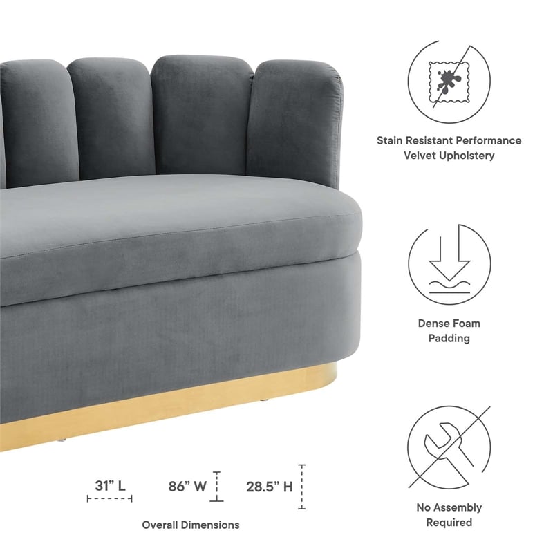 Maklaine Contemporary Tufted Performance Velvet Sofa in Gray/Gold