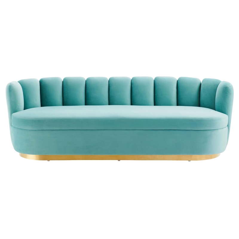 Maklaine Modern Tufted Performance Velvet Sofa in Mint Blue/Gold
