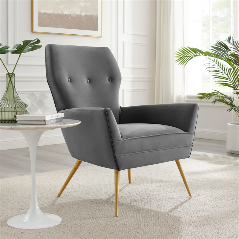 Maklaine Modern Tufted Performance Velvet Armchair in Gray/Gold