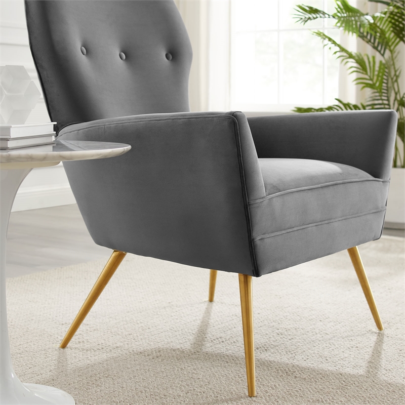 Maklaine Modern Tufted Performance Velvet Armchair in Gray/Gold