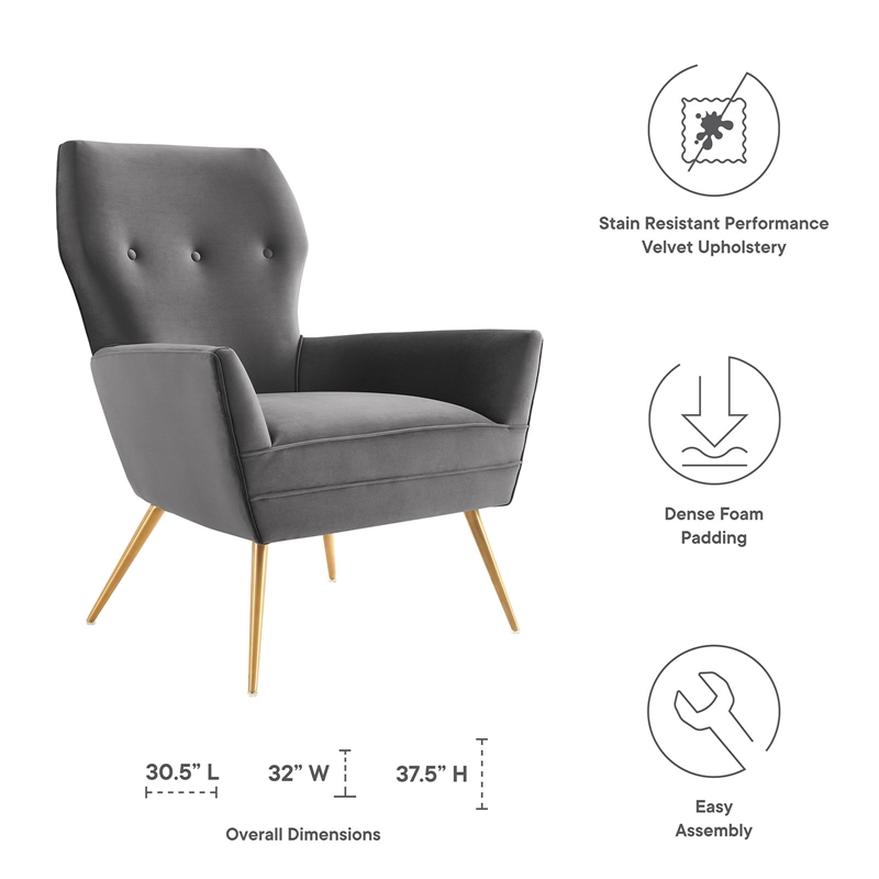 Maklaine Modern Tufted Performance Velvet Armchair in Gray/Gold