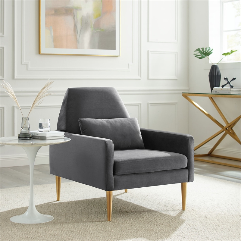 Maklaine Modern Performance Velvet Armchair in Charcoal/Gold