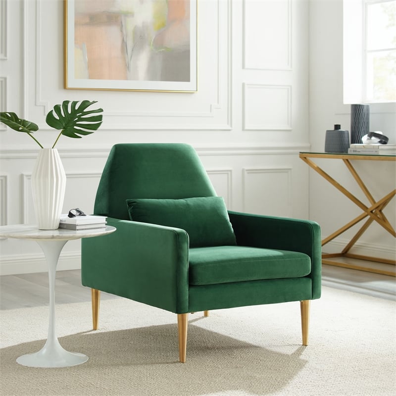 Maklaine Modern Performance Velvet Armchair in Emerald Green/Gold
