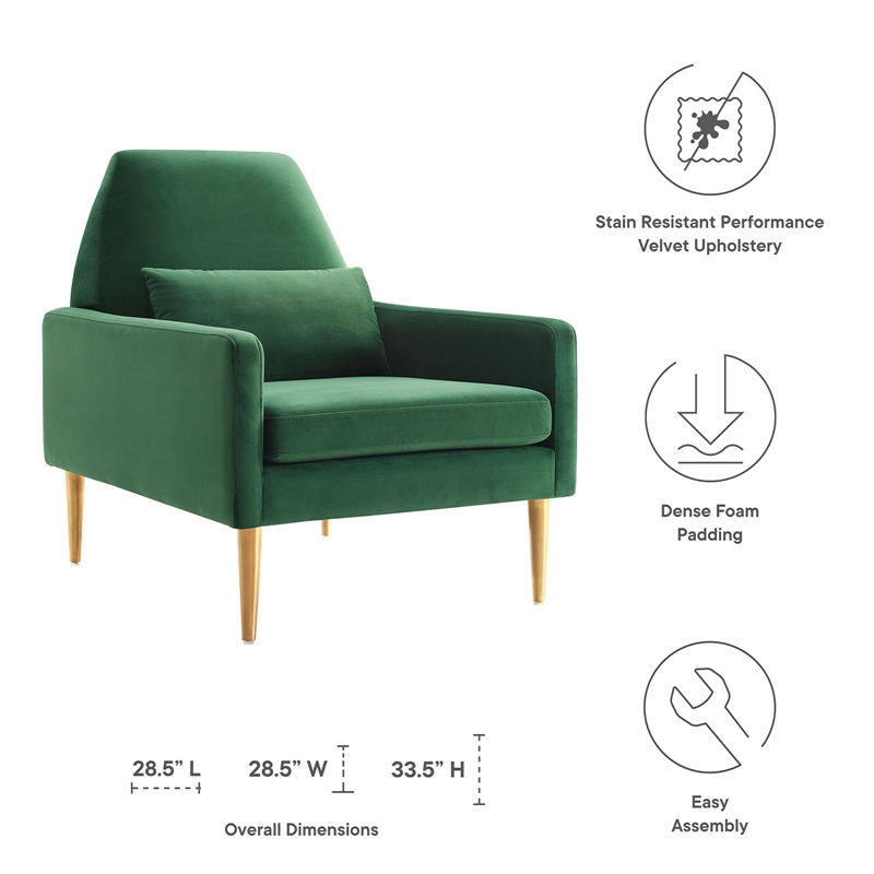 Maklaine Modern Performance Velvet Armchair in Emerald Green/Gold
