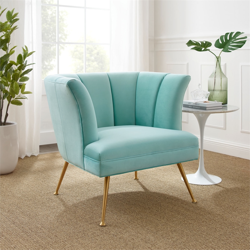 Maklaine Modern Channel Tufted Performance Velvet Armchair in Mint Blue