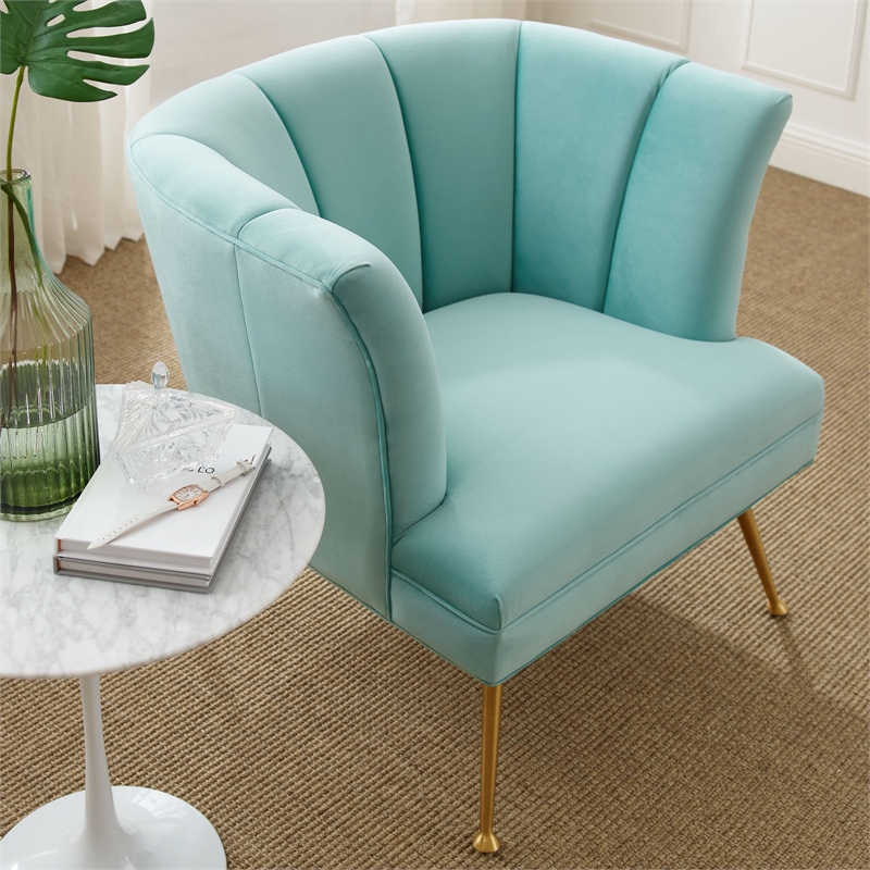 Maklaine Modern Channel Tufted Performance Velvet Armchair in Mint Blue
