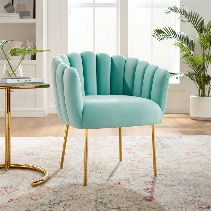 Maklaine Modern Channel Tufted Performance Velvet Armchair in Mint Blue/Gold