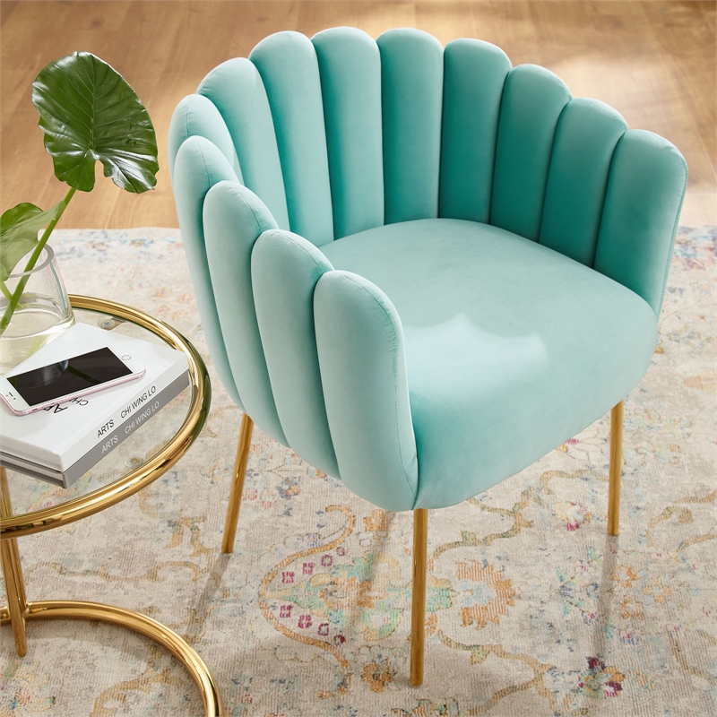 Maklaine Modern Channel Tufted Performance Velvet Armchair in Mint Blue/Gold
