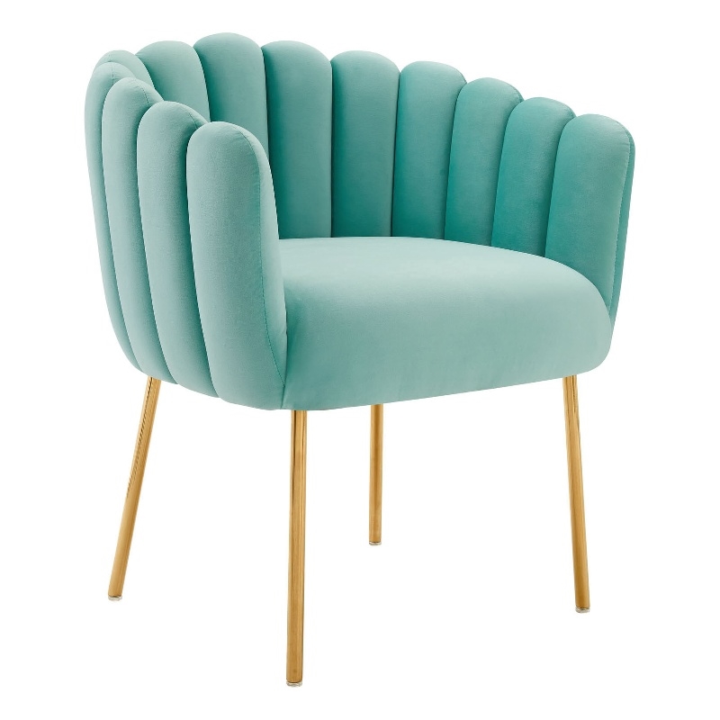 Maklaine Modern Channel Tufted Performance Velvet Armchair in Mint Blue/Gold