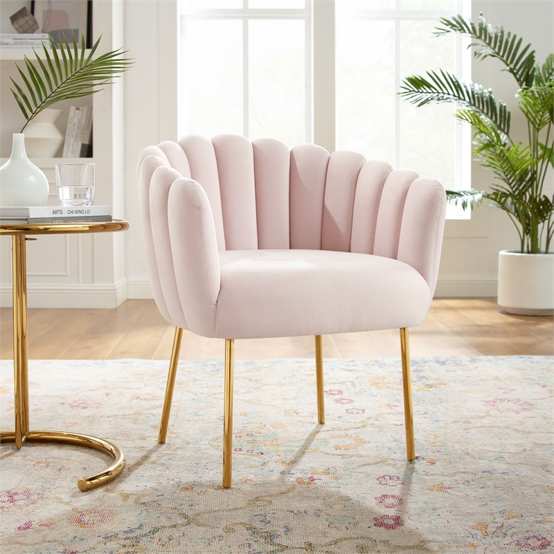 Maklaine Modern Channel Tufted Performance Velvet Armchair in Pink/Gold